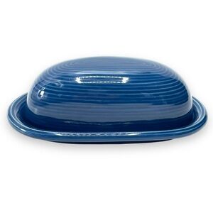 Signature Carnivale Stoneware Vintage Blue Swirl Butter Dish w/Lid Made in Japan